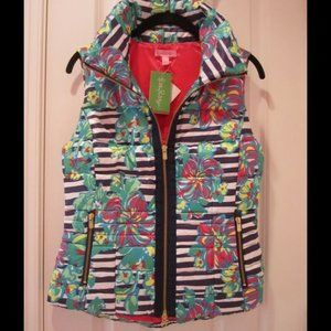 218.00 NWT LILLY PULITZER SYD REVERSIBLE DOWN VEST PARADISIO FLORAL STRIPE